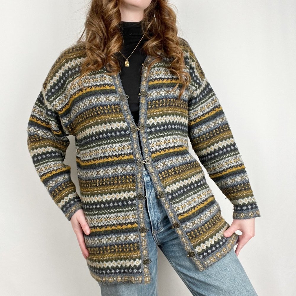 Vintage Fair Isle Knit Oversized Long Cardigan Sweater Scandinavian Cozy 90s Y2K - Picture 2 of 7